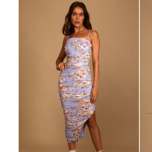 Lulus Stun and Only Lilac Floral Print Ruched Mesh Bodycon Midi Dress NWT XL - Picture 1 of 11